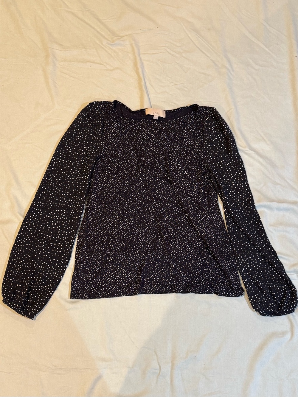 Women’s Navy Long-Sleeve Top w/ White Polka Dots
